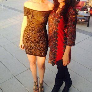 Emma & Michele Shift Dress SP Petite Stretchy Bohemian Print Party Keyhole